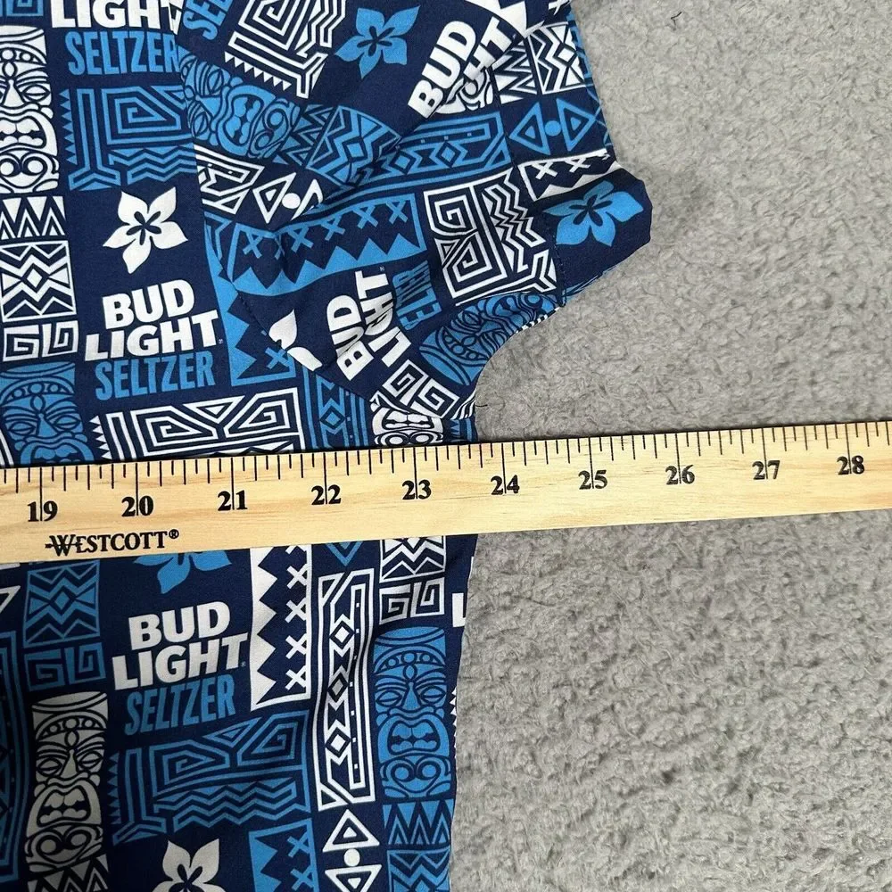 Bud Light Seltzer Shirt Mens Medium Blue‎ Hawaiian Tiki All Over Print Polyester